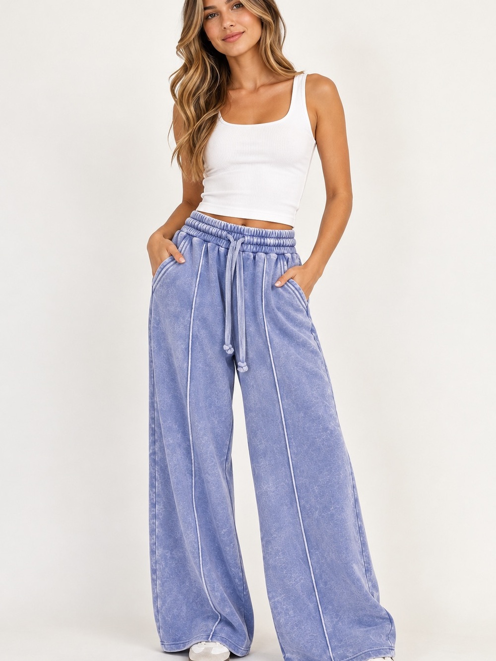 Zenana Marlin Acid Washed Fleece Pintuck Wide Leg Pants